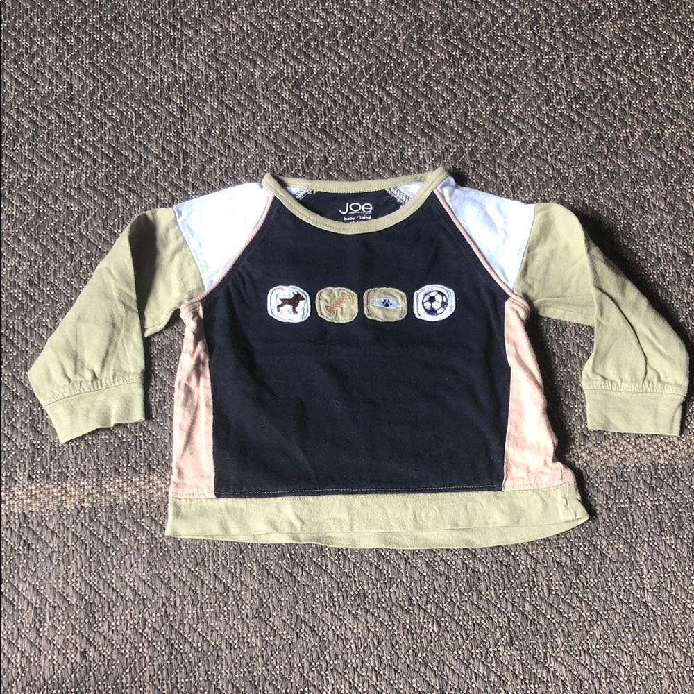 Joe Fresh Colorblock Long Sleeve Top in Navy, Olive & Cream with Animal Patches